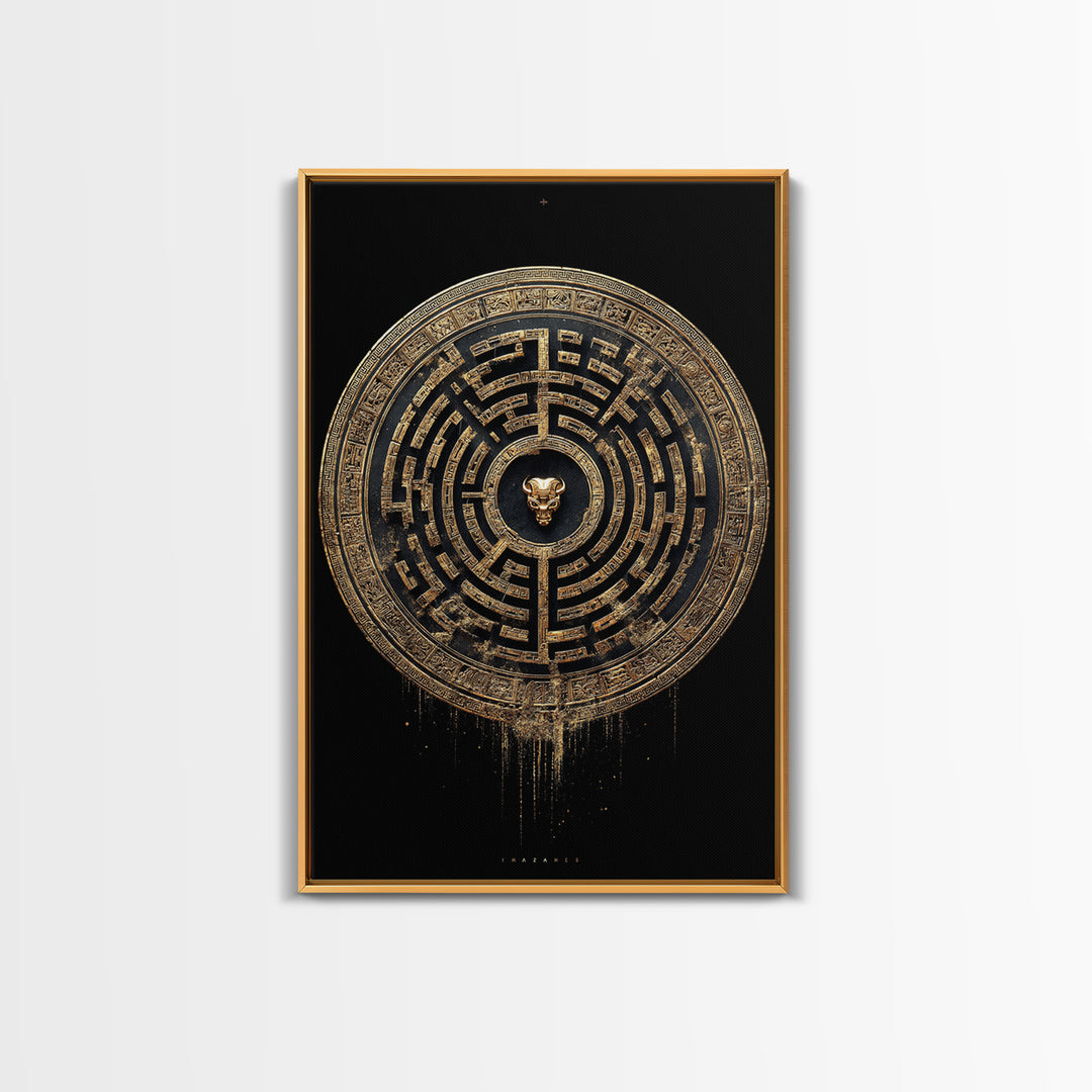 Greek Labyrinth Artwork, Mythical Minotaur Maze Symbol Wall Art, Canvas Gold Canvas Print, Real Wood Frame, Esoteric Decor