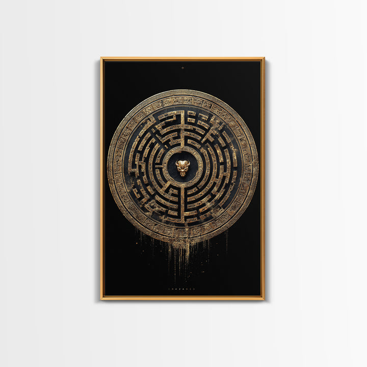 Greek Labyrinth Artwork, Mythical Minotaur Maze Symbol Wall Art, Canvas Gold Canvas Print, Real Wood Frame, Esoteric Decor
