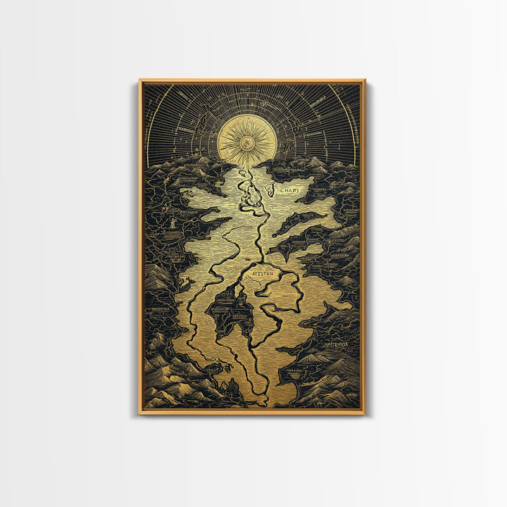 Celestial Map Artwork, Mythical Golden Sun And River Wall Art, Canvas Gold Canvas Print, Real Wood Frame, Ancient Inspired Decor