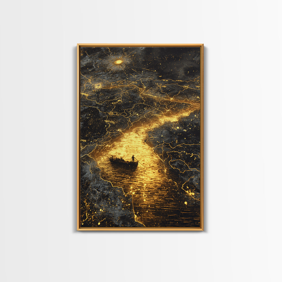Mythical Boat Journey Artwork, Celestial Golden Map Wall Art, Canvas Gold Canvas Print, Real Wood Frame, Mystical Decor