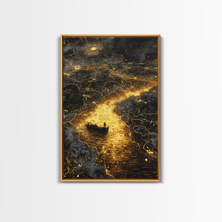 Mythical Boat Journey Artwork, Celestial Golden Map Wall Art, Canvas Gold Canvas Print, Real Wood Frame, Mystical Decor