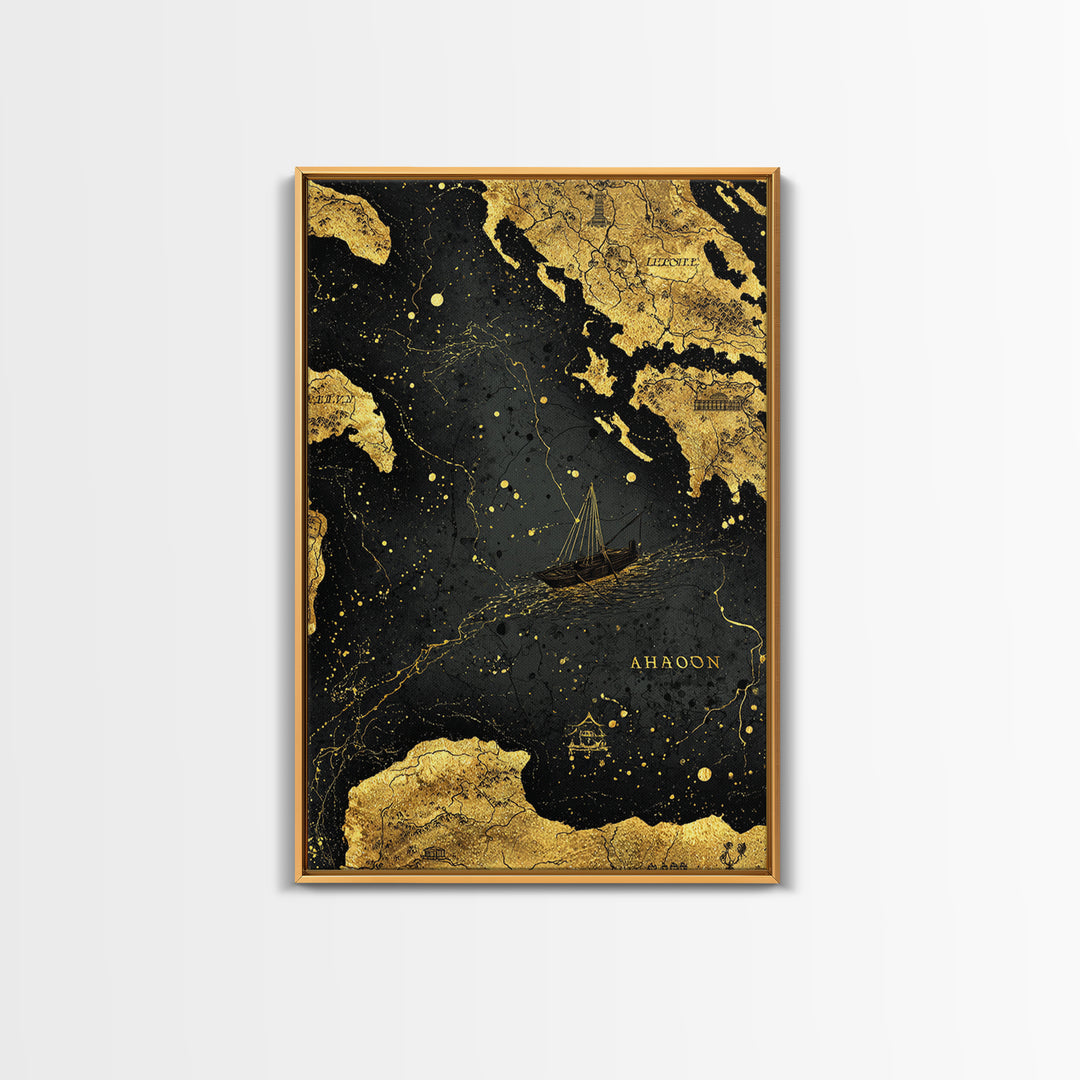 Golden Voyage Map Artwork, Ancient Nautical Journey Wall Art, Canvas Gold Canvas Print, Real Wood Frame, Mythical Decor