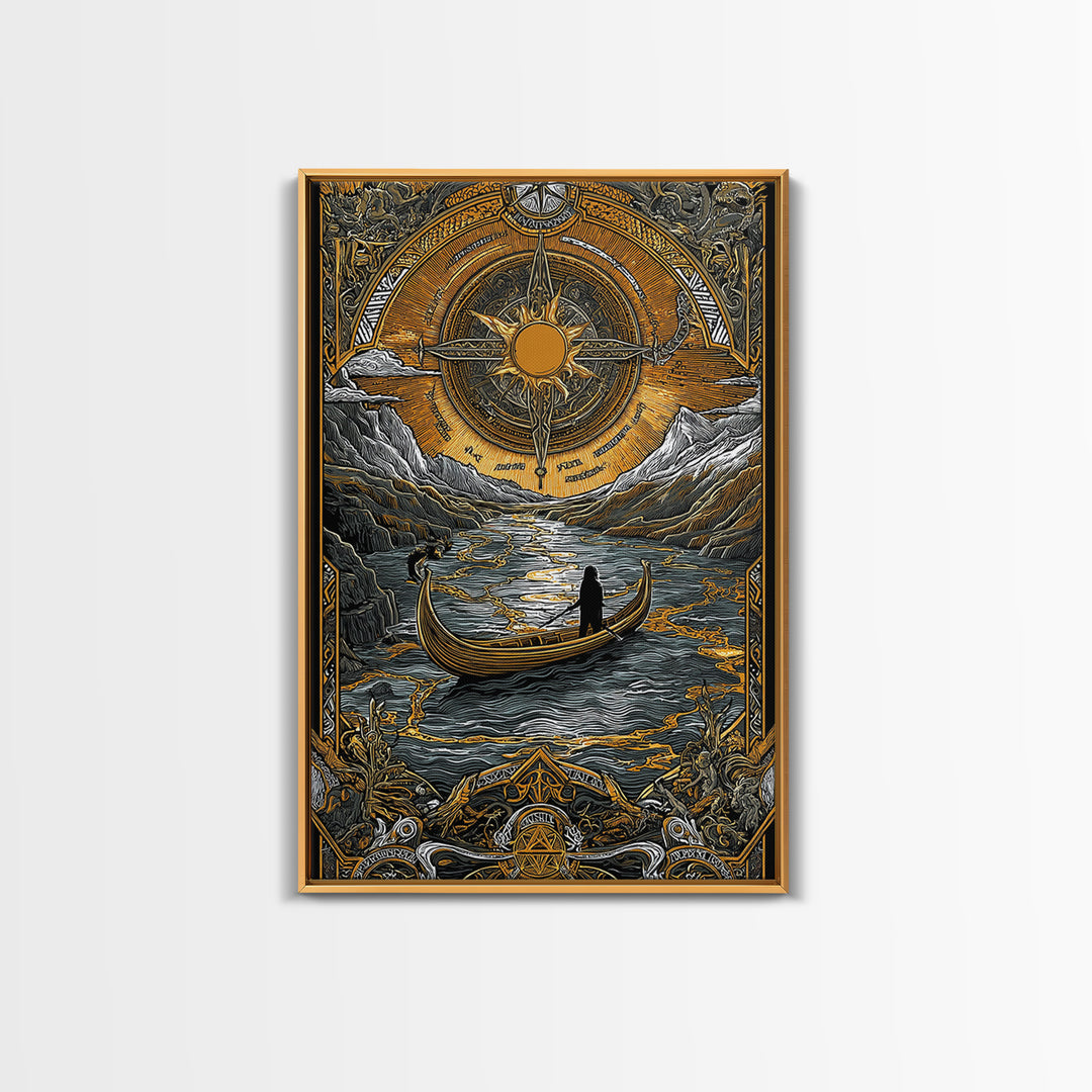 Mystical Compass Artwork, Celestial Sun And Boat Journey Wall Art, Canvas Gold Canvas Print, Real Wood Frame, Mythology Decor