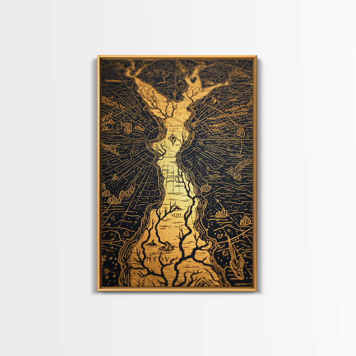 Ancient River Map Artwork, Mythical Golden Waterways Wall Art, Canvas Gold Canvas Print, Real Wood Frame, Esoteric Decor