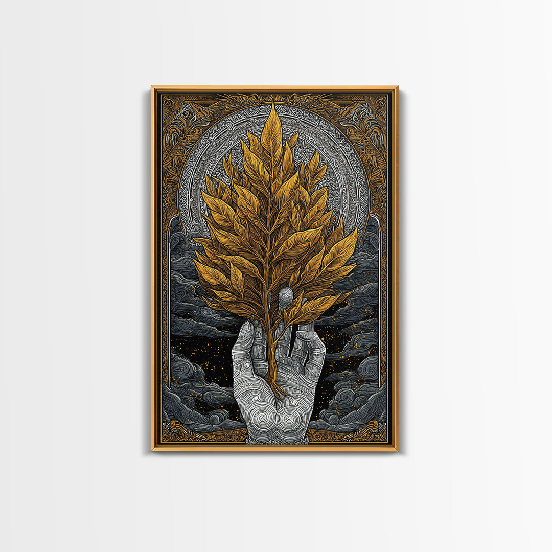 Hand With Golden Leaves Artwork, Mythical Nature Symbol Wall Art, Canvas Gold Canvas Print, Real Wood Frame, Sacred Decor