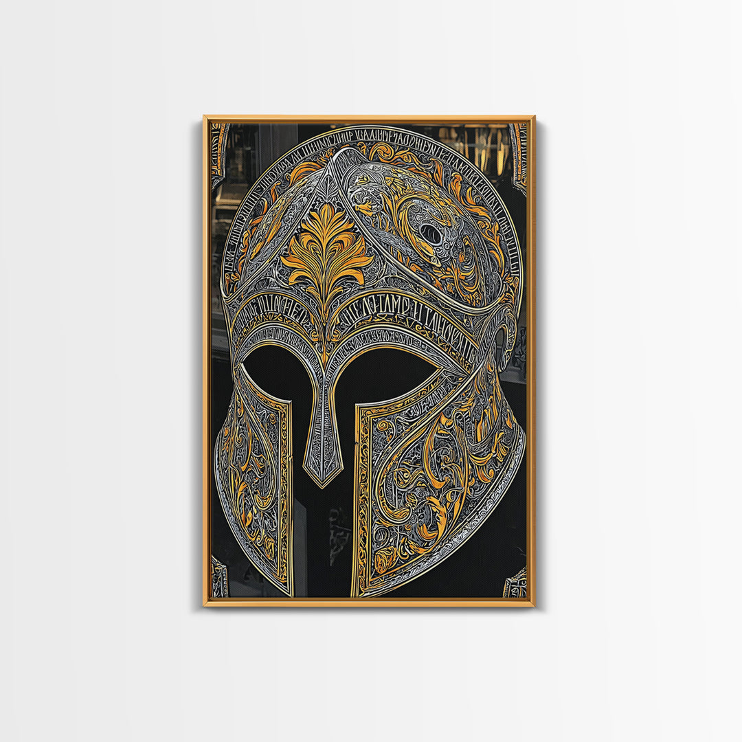 Baroque Spartan Helmet with Heraldic Crest – Canvas Gold Art, Real Wood Framed Canvas Art, Luxury Greco-Roman Wall Sculpture
