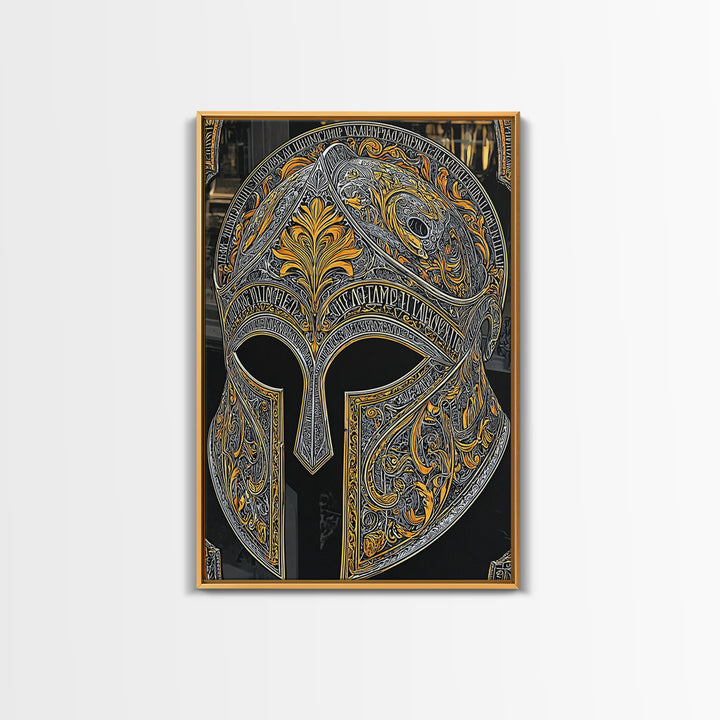 Baroque Spartan Helmet with Heraldic Crest – Canvas Gold Art, Real Wood Framed Canvas Art, Luxury Greco-Roman Wall Sculpture