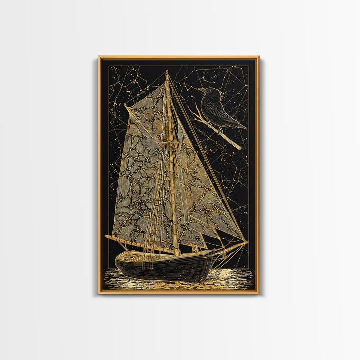 Golden Sailboat Artwork, Mythical Nautical Journey Wall Art, Canvas Gold Canvas Print, Real Wood Frame, Celestial Decor