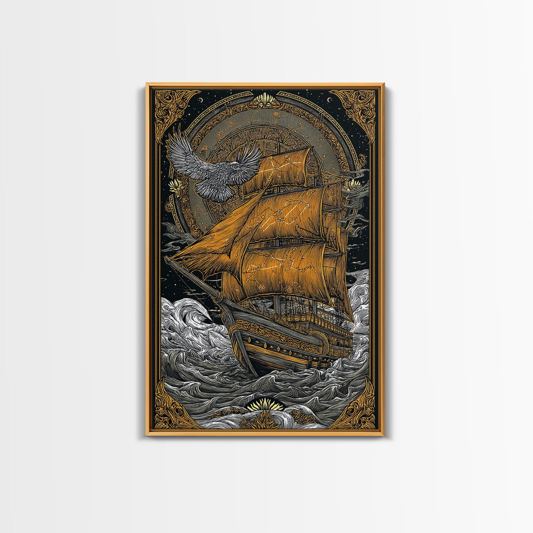 Mythical Sailing Ship Artwork, Celestial Constellation Sea Voyage Wall Art, Canvas Gold Canvas Print, Real Wood Frame Decor