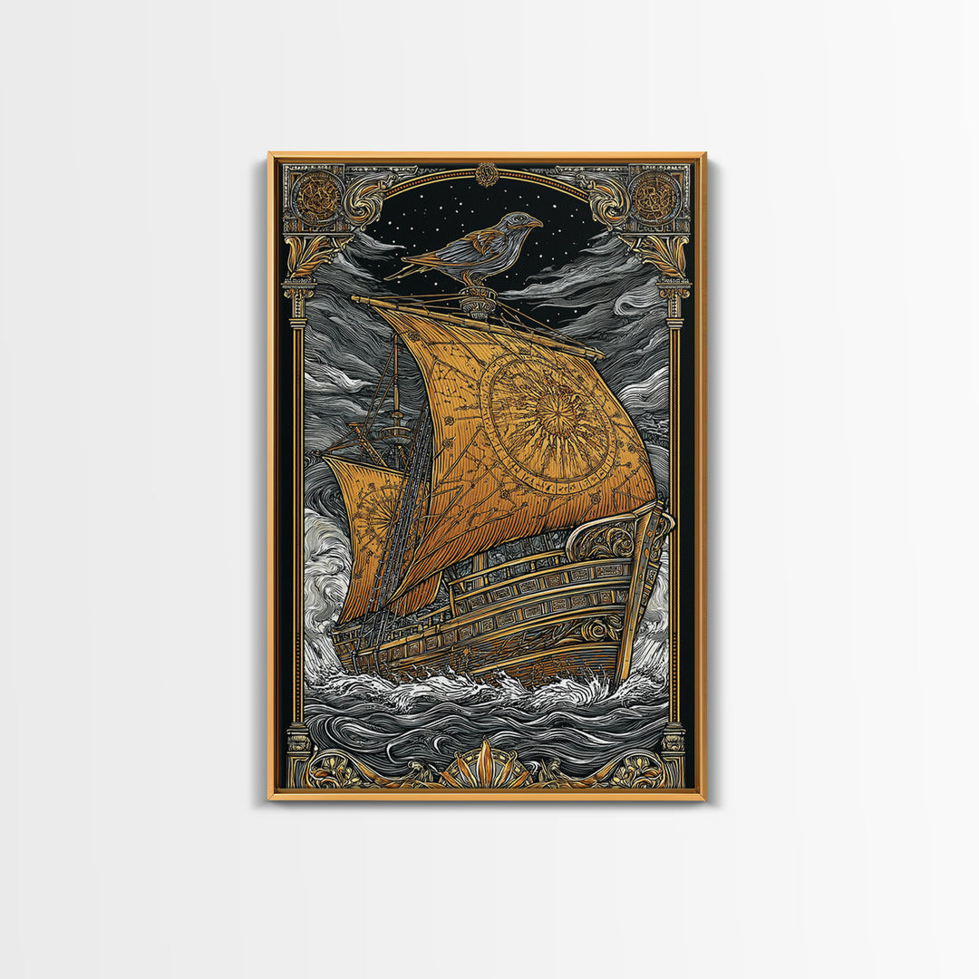 Ancient Ship Artwork, Nautical Journey With Bird Symbol Wall Art, Mythical Celestial Voyage, Canvas Gold Canvas Print, Real Wood Frame