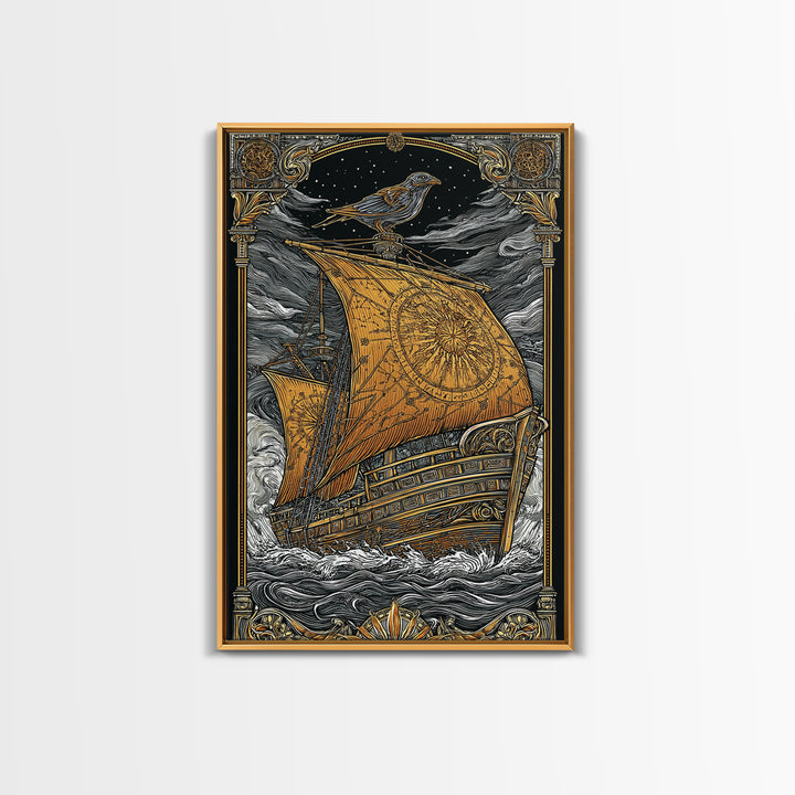Ancient Ship Artwork, Nautical Journey With Bird Symbol Wall Art, Mythical Celestial Voyage, Canvas Gold Canvas Print, Real Wood Frame