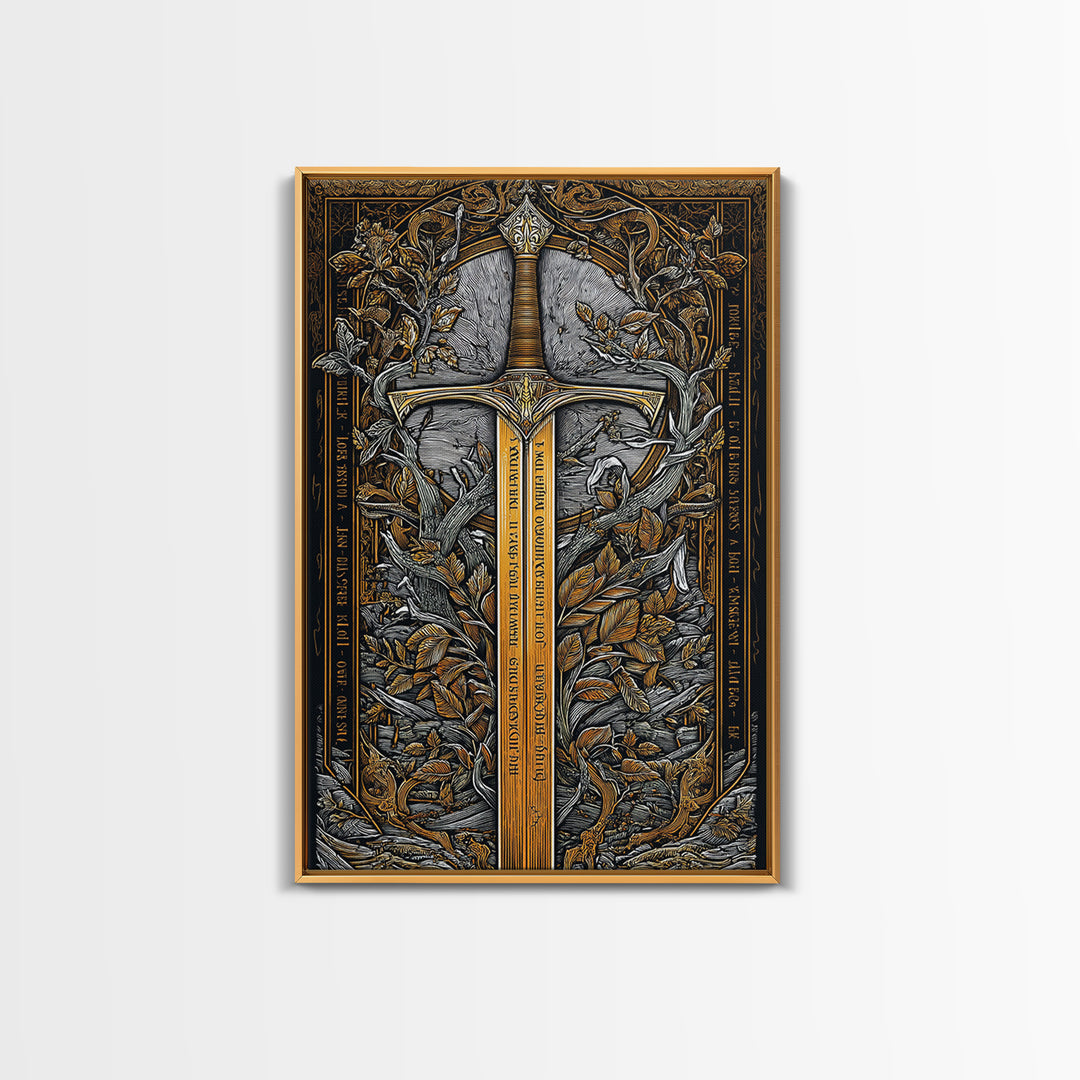 Sword Of Nature Artwork, Mythical Blade Surrounded By Leaves Wall Art, Ancient Weapon Design, Canvas Gold Canvas Print, Real Wood Frame