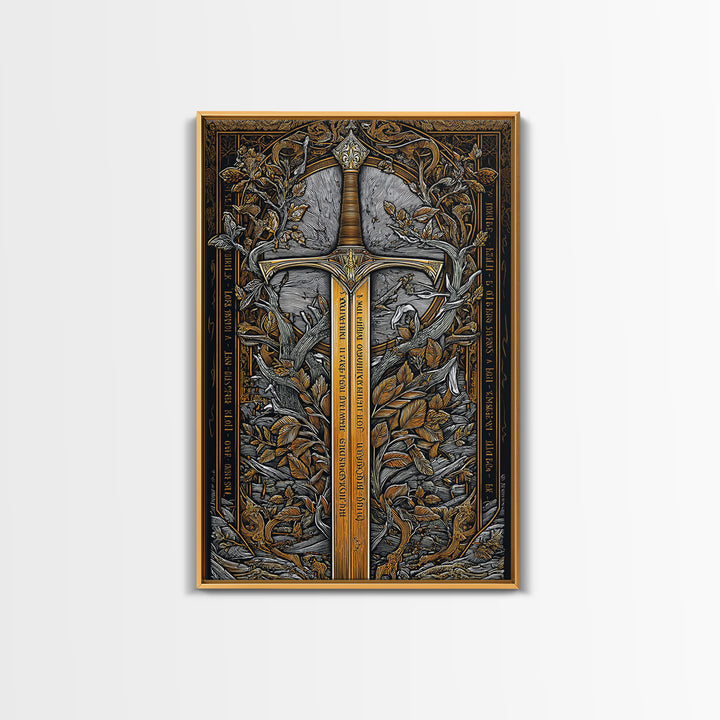 Sword Of Nature Artwork, Mythical Blade Surrounded By Leaves Wall Art, Ancient Weapon Design, Canvas Gold Canvas Print, Real Wood Frame