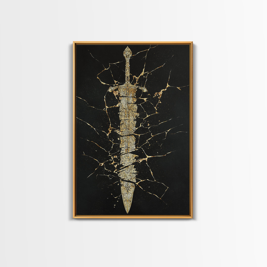 Broken Sword Artwork, Cracked Ancient Blade Symbol Wall Art, Mythical Weapon Decor, Esoteric Design, Canvas Gold Canvas Print, Real Wood Frame