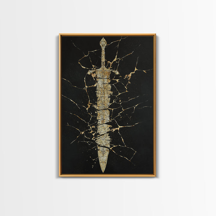 Broken Sword Artwork, Cracked Ancient Blade Symbol Wall Art, Mythical Weapon Decor, Esoteric Design, Canvas Gold Canvas Print, Real Wood Frame