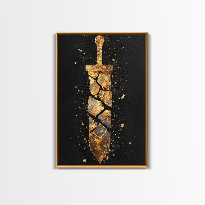 Shattered Sword Artwork, Exploding Blade Symbol Wall Art, Mythical Weapon Design, Ancient Esoteric Decor, Canvas Gold Canvas Print, Real Wood Frame