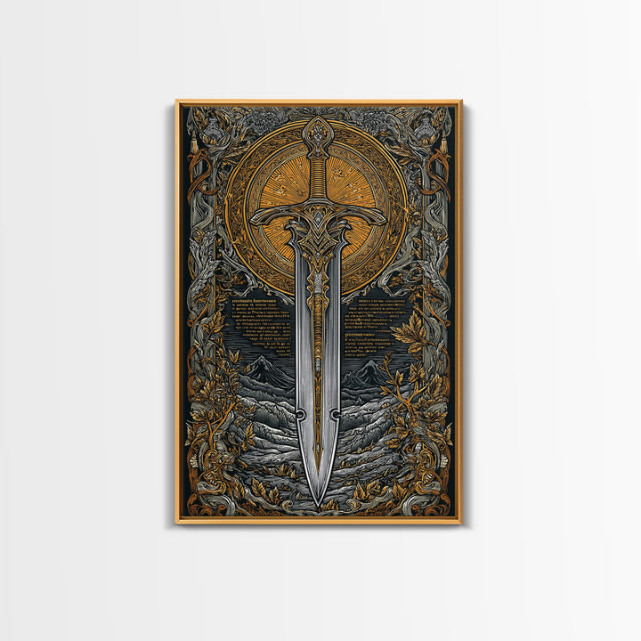 Mythical Sword Artwork, Celestial Blade And Sun Symbol Wall Art, Ornate Weapon Design, Ancient Inspired Decor, Canvas Gold Canvas Print, Real Wood Frame