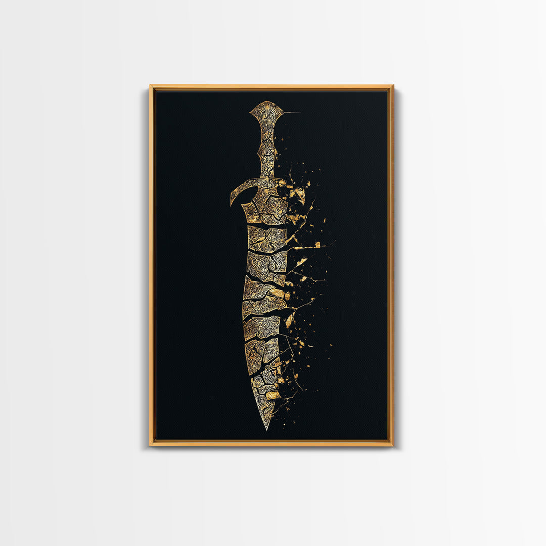 Ancient Broken Sword Artwork, Esoteric Cracked Blade Symbol Wall Art, Mythical Weapon Decor, Canvas Gold Canvas Print, Real Wood Frame