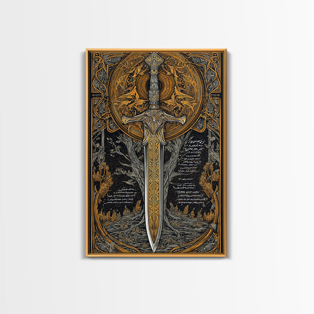 Celestial Sword Artwork, Mythical Blade Surrounded By Ornate Sun Symbol, Ancient Weapon Design, Canvas Gold Canvas Print, Real Wood Frame