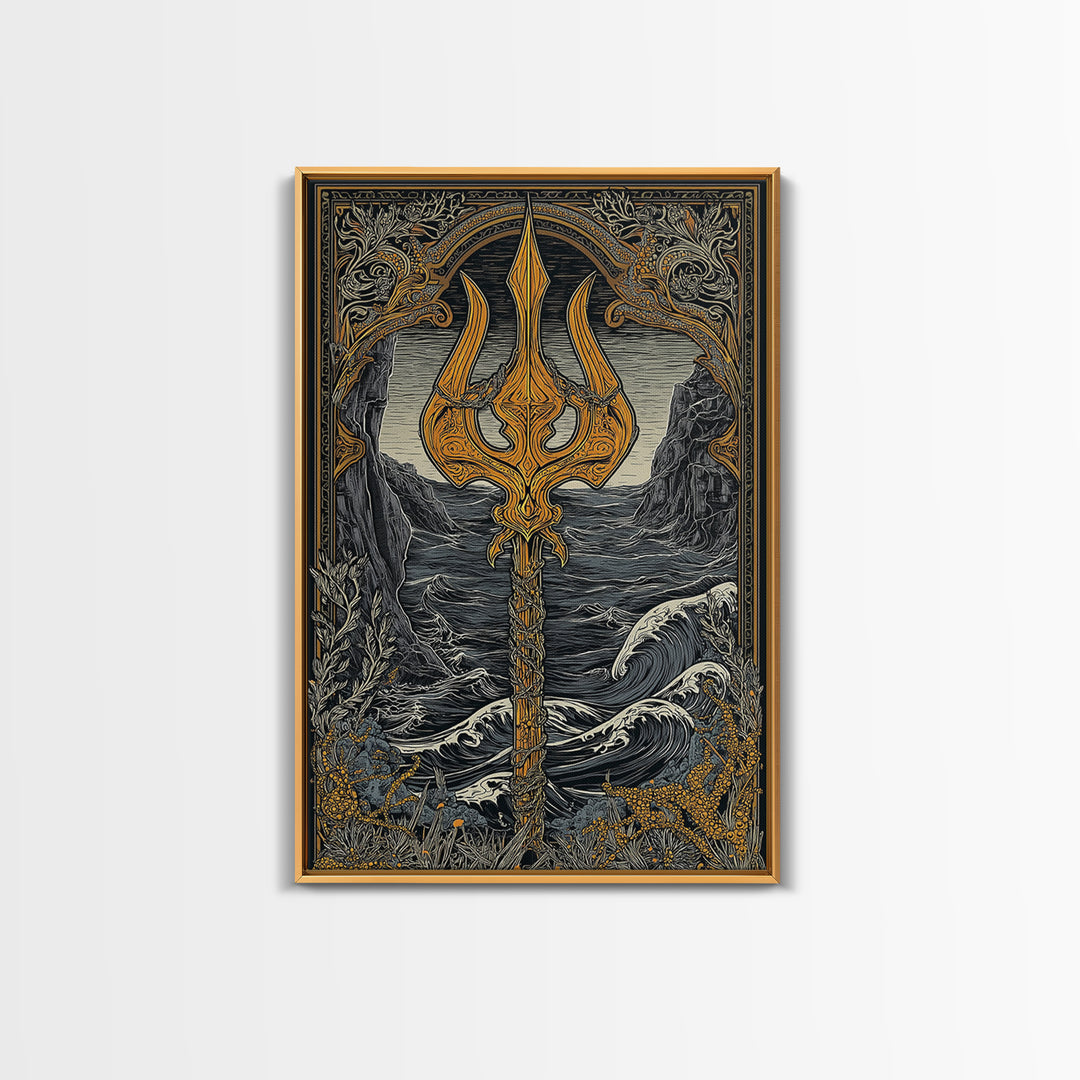 Mythical Trident Artwork, Ocean Waves And Ancient Sea God Symbol Wall Art, Nautical Decor, Canvas Gold Canvas Print, Real Wood Frame