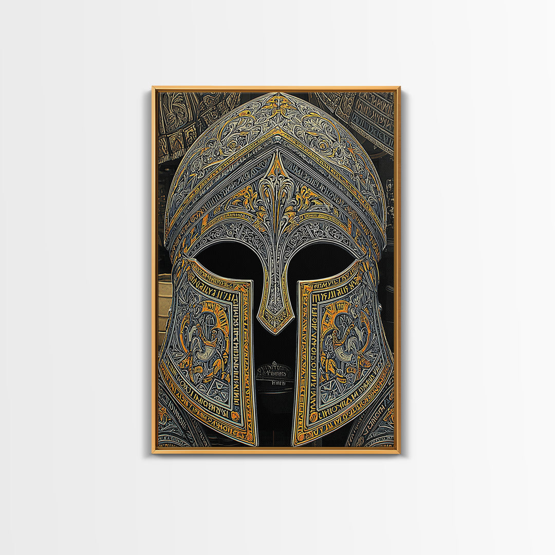 Floral Engraved Ancient Warrior Helmet Design – Canvas Gold Art, Classic Canvas Art in Real Wood Frame, Greek History Wall Decor