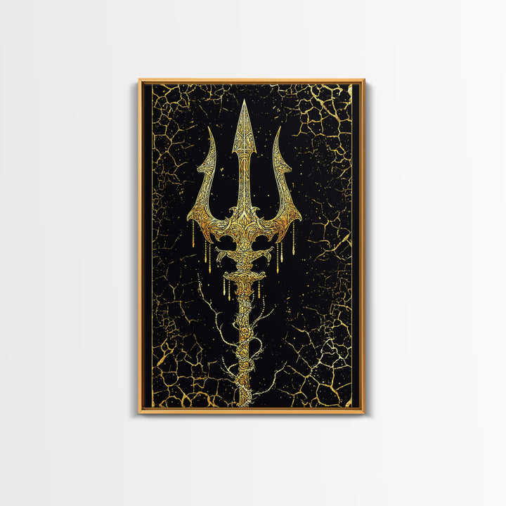 Ornate Trident Artwork, Mystical Sea God Weapon Symbol Wall Art, Ancient Nautical Decor, Mythical Design, Canvas Gold Canvas Print, Real Wood Frame