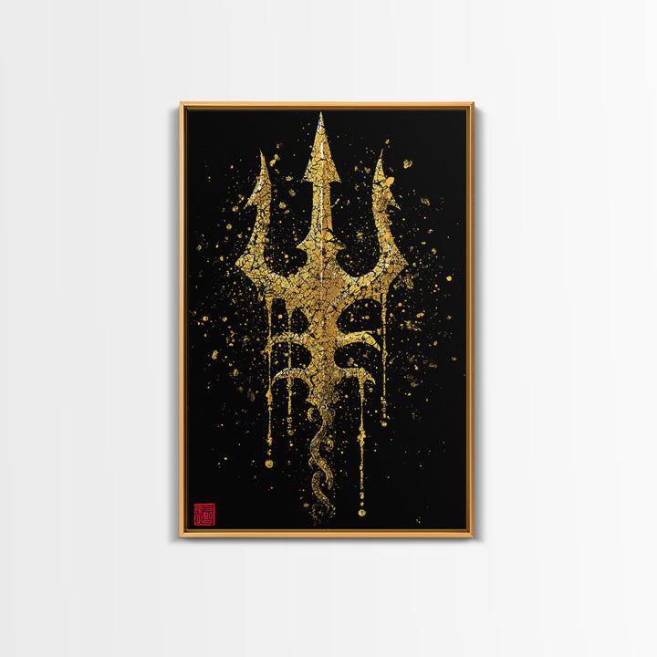 Canvas Gold Canvas Print, Poseidon Trident Wall Art, Mythology Home Decor, Real Wood Frame, Ancient Greek Symbol Artwork