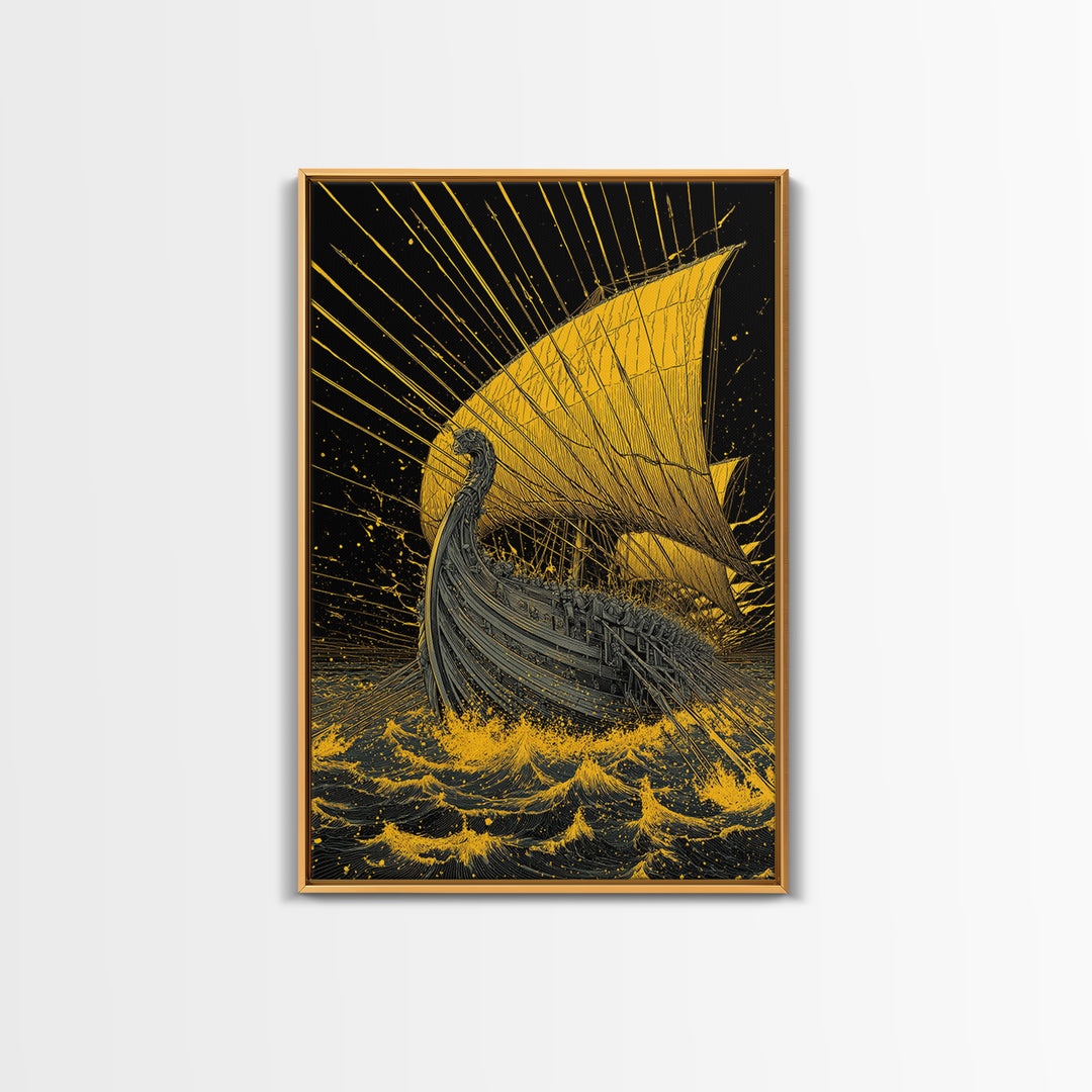 Canvas Gold Canvas Print, Ancient Greek Ship Wall Art, Mythology Ocean Decor, Real Wood Frame, Historic Maritime Artwork