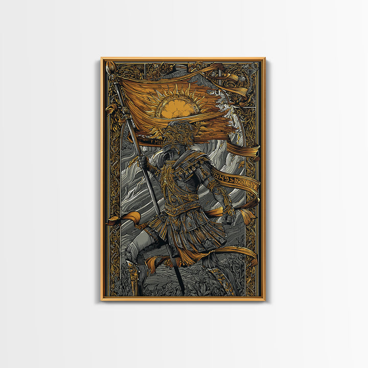 Canvas Gold Art, Greek Warrior Holding Banner, Mythology Wall Decor, Real Wood Frame, Ancient Hero Decorative Artwork