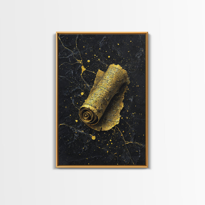 Canvas Gold Canvas Print, Ancient Scroll Wall Art, Mythology Inspired Decor, Real Wood Frame, Historic Manuscript Artwork