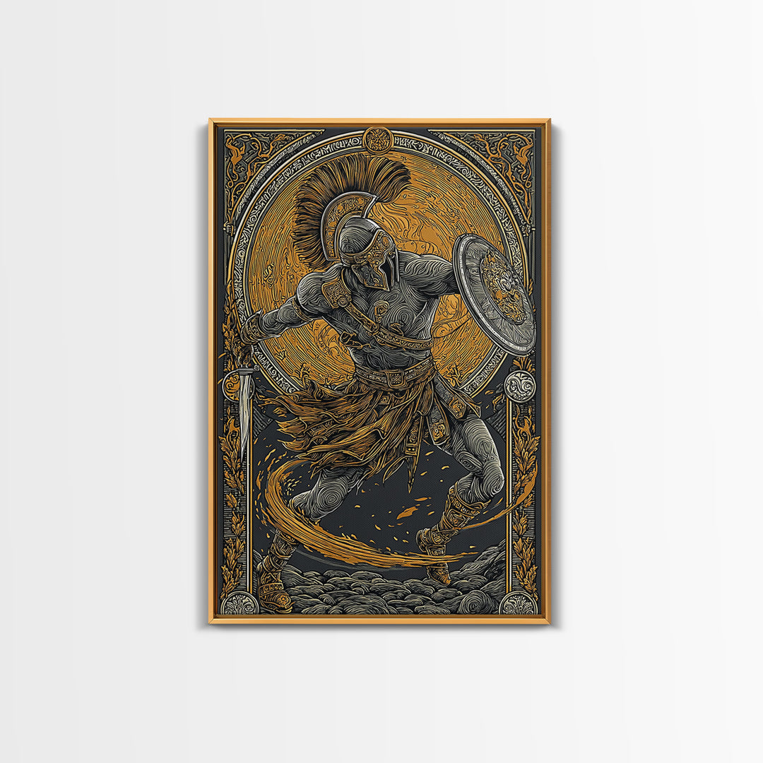 Canvas Gold Art, Spartan Warrior Wall Print, Mythology Inspired Decor, Real Wood Frame, Ancient Greek Hero Artwork