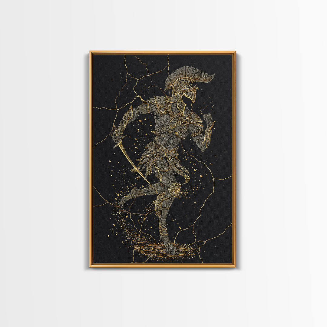 Canvas Gold Canvas Print, Spartan Runner Wall Art, Mythology Warrior Decor, Real Wood Frame, Ancient Greek Hero Artwork