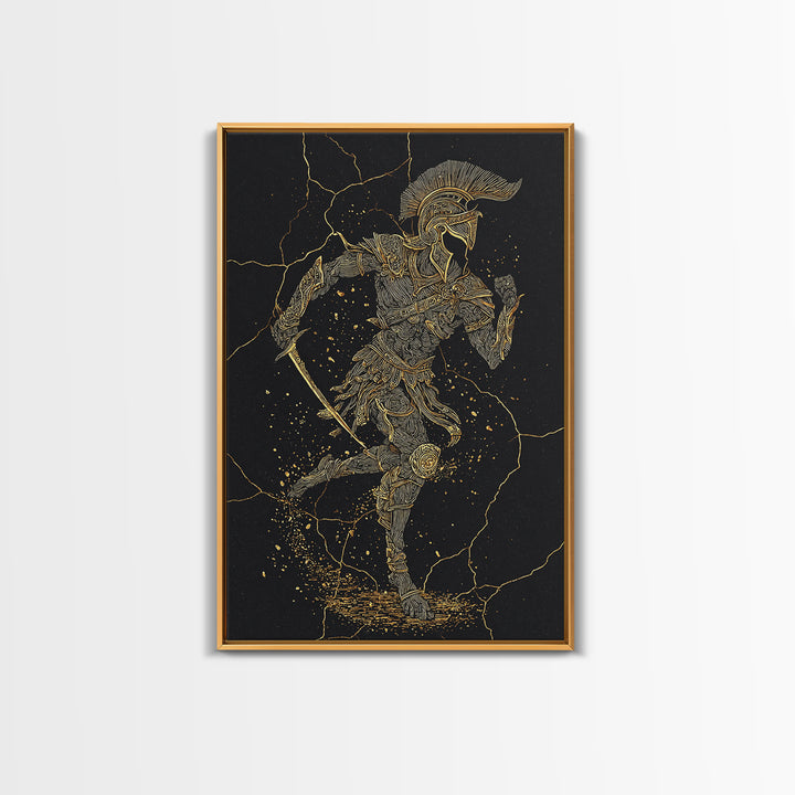 Canvas Gold Canvas Print, Spartan Runner Wall Art, Mythology Warrior Decor, Real Wood Frame, Ancient Greek Hero Artwork