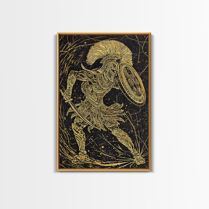 Canvas Gold Art, Ancient Greek Warrior With Shield, Mythology Inspired Wall Decor, Real Wood Frame, Heroic Battle Artwork