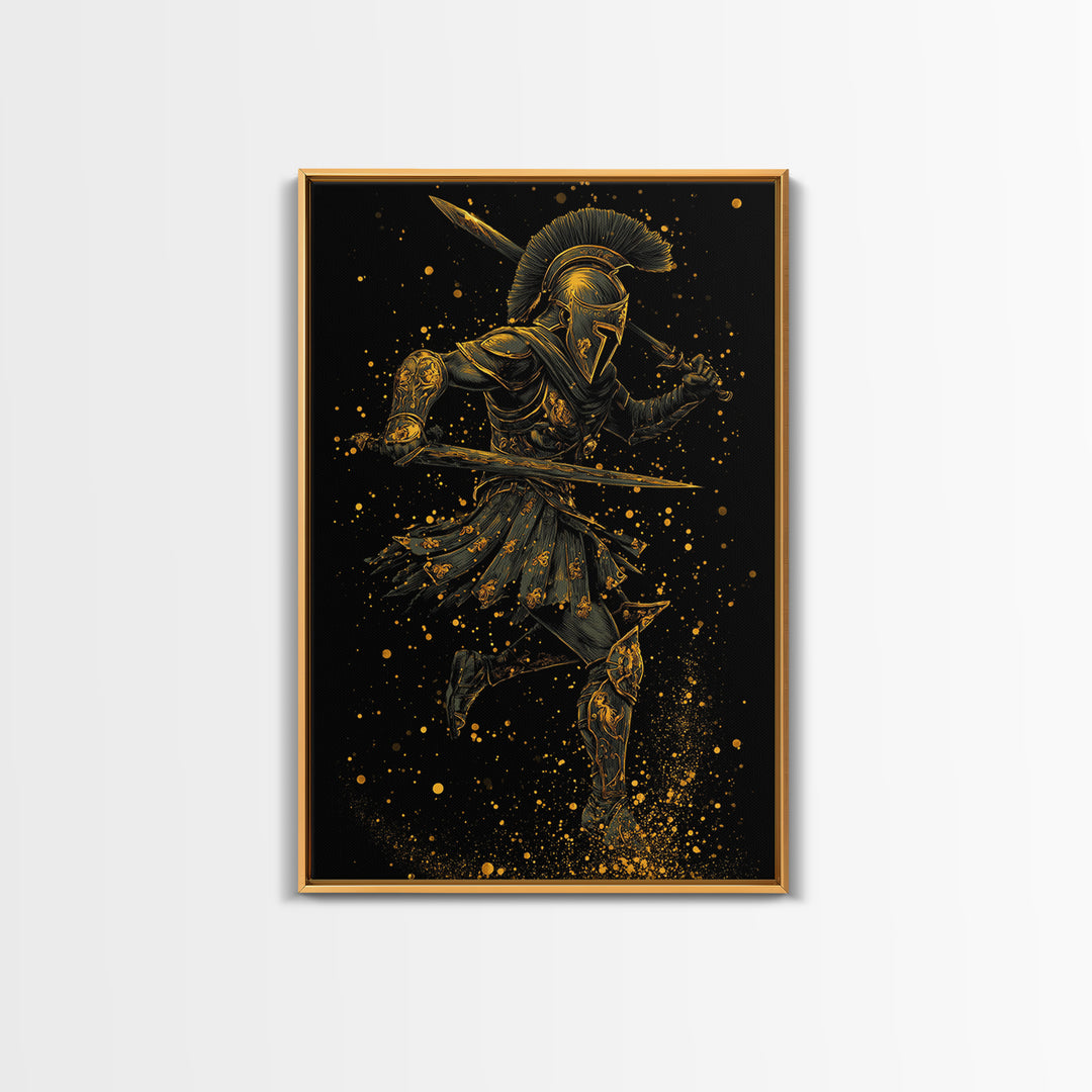 Canvas Gold Canvas Print, Spartan Warrior With Swords, Mythology Hero Decor, Real Wood Frame, Ancient Greek Soldier Artwork