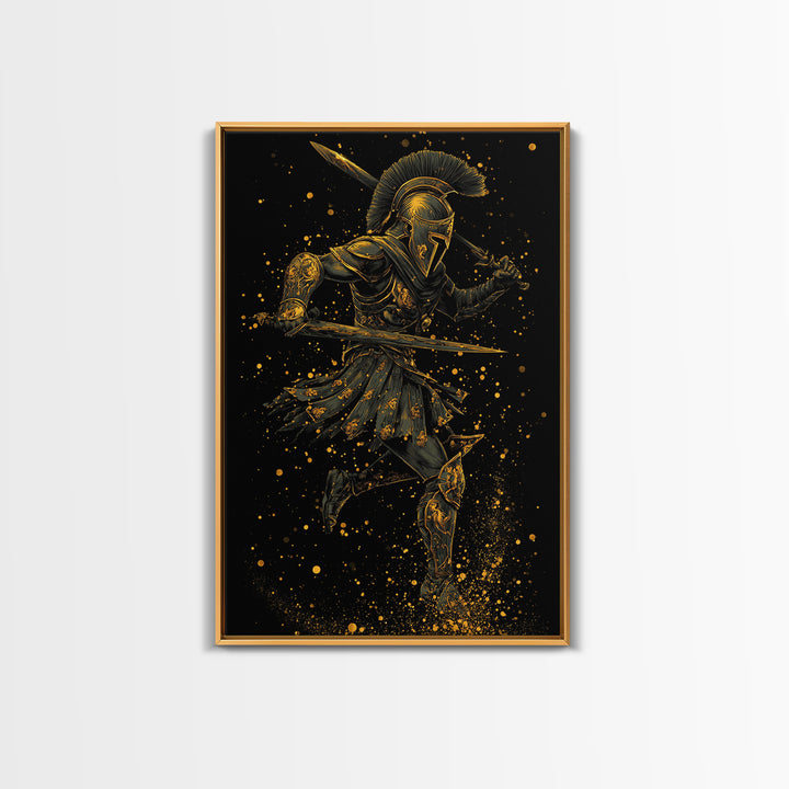 Canvas Gold Canvas Print, Spartan Warrior With Swords, Mythology Hero Decor, Real Wood Frame, Ancient Greek Soldier Artwork