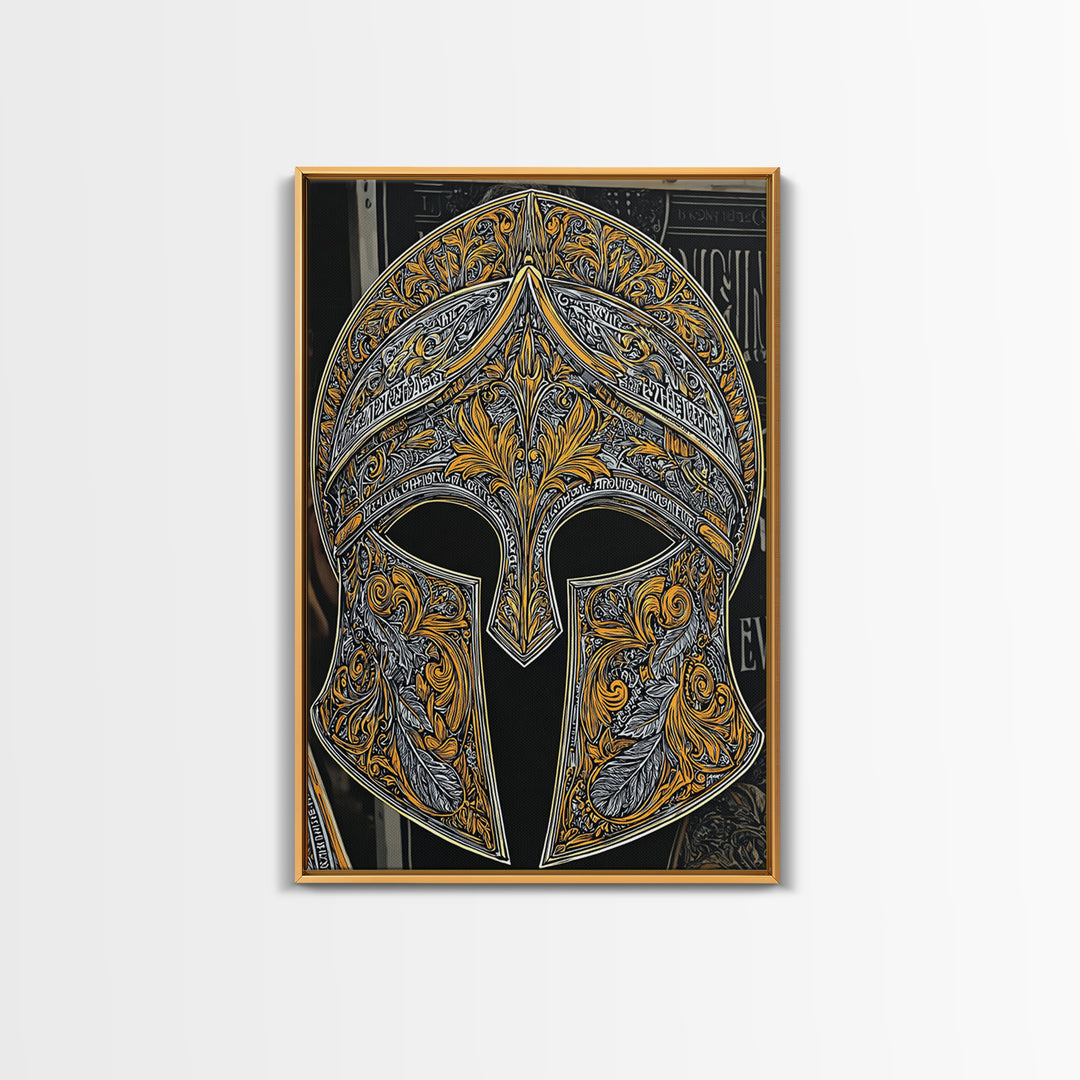 Antique Spartan Helmet with Mythical Inscriptions – Canvas Gold Art, Real Wood Framed Canvas Art, Aged Warrior Helmet Wall Art