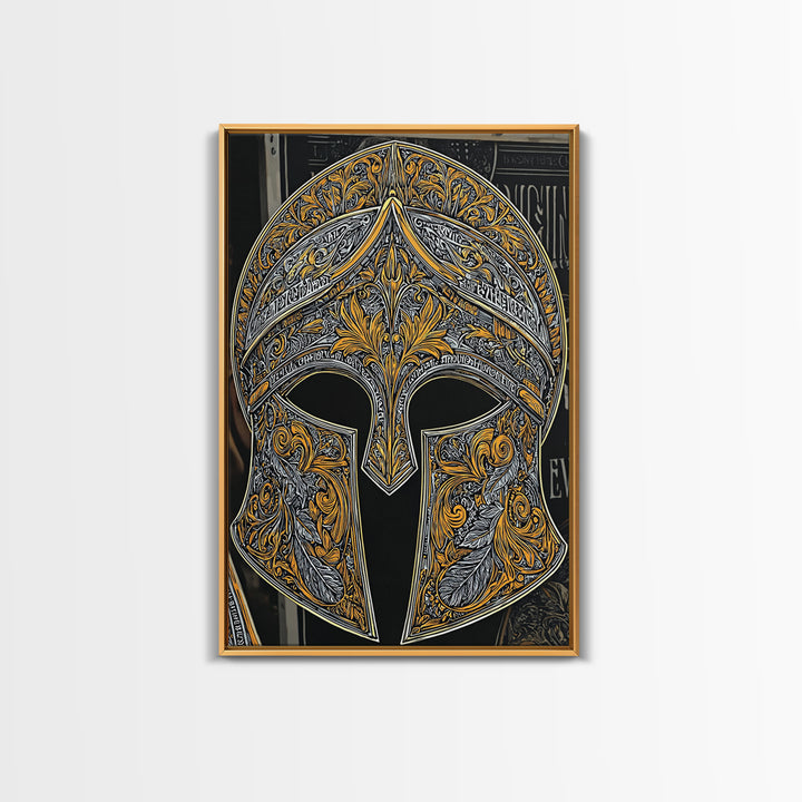 Antique Spartan Helmet with Mythical Inscriptions – Canvas Gold Art, Real Wood Framed Canvas Art, Aged Warrior Helmet Wall Art