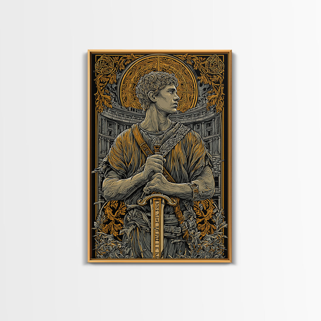 Canvas Gold Art, Roman Warrior Wall Print, Mythology Inspired Decor, Real Wood Frame, Ancient Empire Hero Artwork