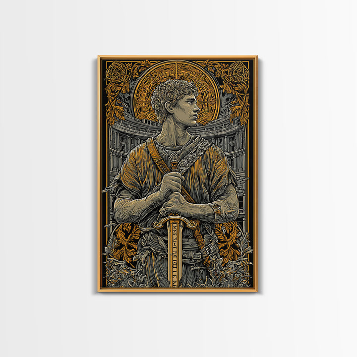 Canvas Gold Art, Roman Warrior Wall Print, Mythology Inspired Decor, Real Wood Frame, Ancient Empire Hero Artwork