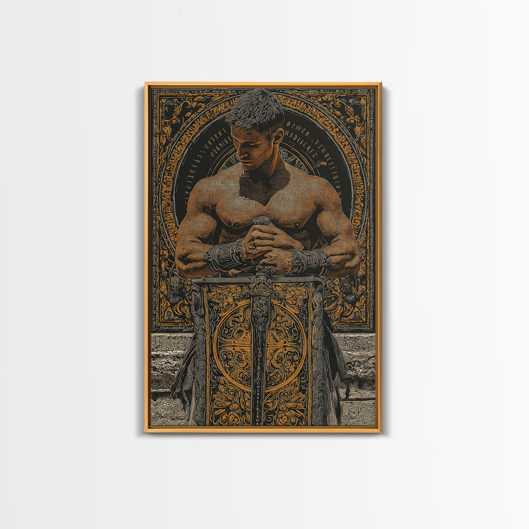 Roman Warrior With Ornate Shield, Canvas Gold Canvas Print, Mythology Wall Art, Gladiator Decor, Real Wood Framed Artwork