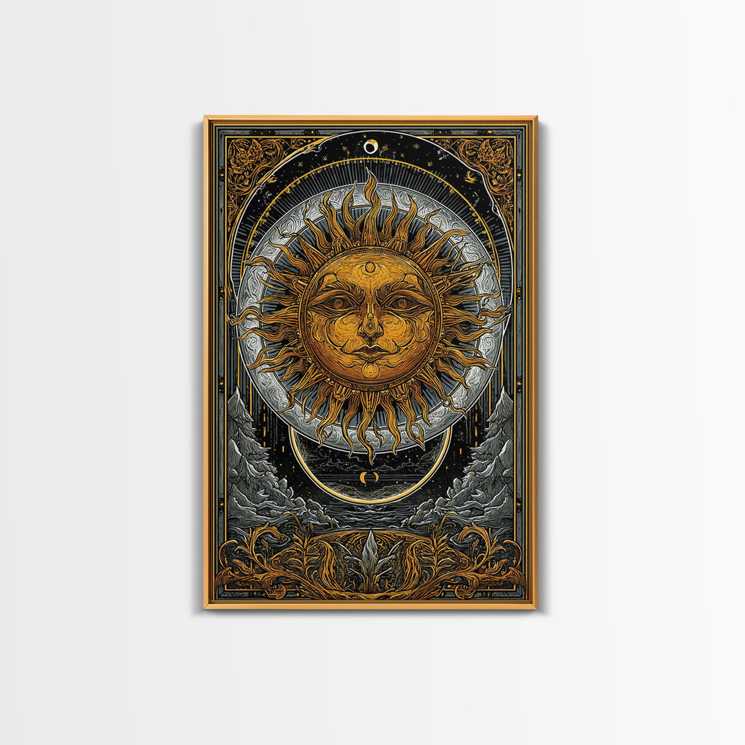 Celestial Sun And Moon Design, Canvas Gold Art, Astrology Wall Print, Mystical Home Decor, Real Wood Frame Mythic Artwork