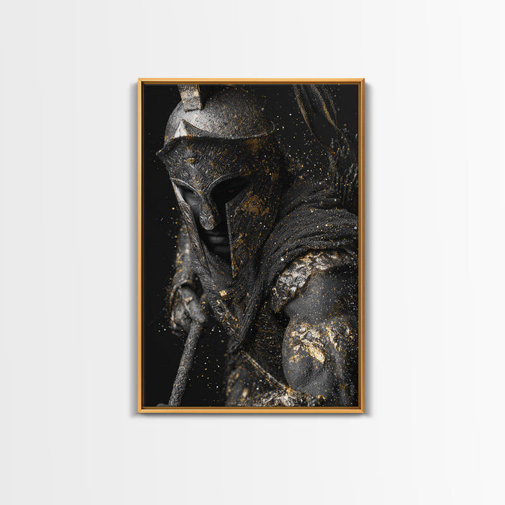 Spartan Warrior Helmet Portrait, Canvas Gold Canvas Print, Greek Soldier Wall Art, Heroic Decor, Real Wood Frame Artwork
