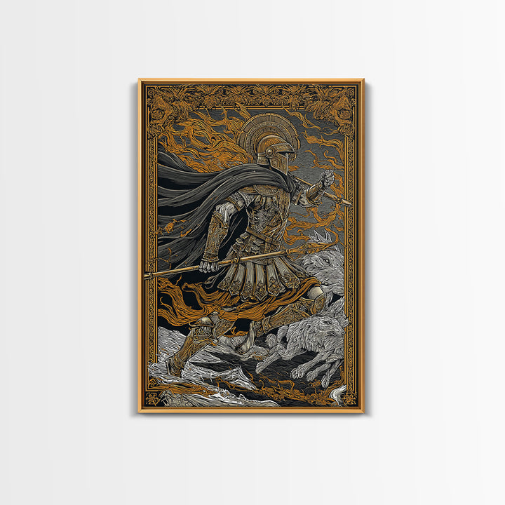 Ancient Warrior With Spear, Canvas Gold Canvas Print, Mythology Wall Art, Battle Scene Decor, Real Wood Frame Epic Artwork