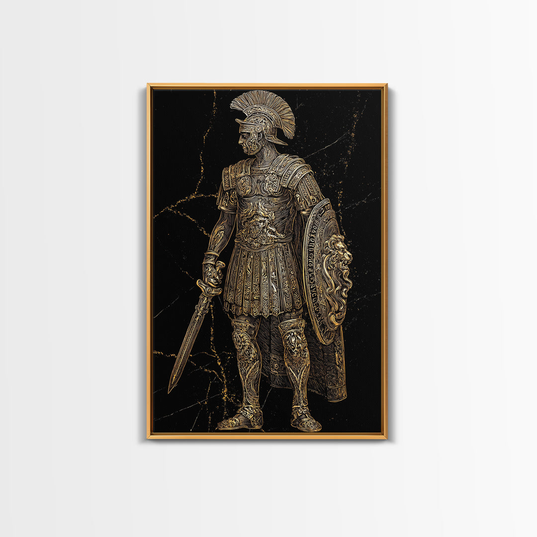Roman Soldier With Lion Shield, Canvas Gold Canvas Print, Gladiator Wall Art, Mythology Decor, Real Wood Frame Artwork