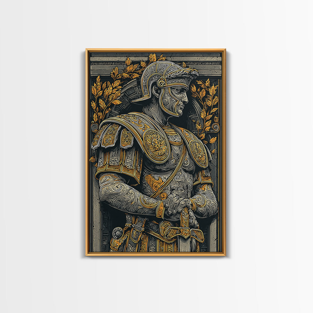 Classic Roman Bust In Armor, Canvas Gold Art, Ancient Warrior Wall Print, Mythology Home Decor, Real Wood Frame Artwork