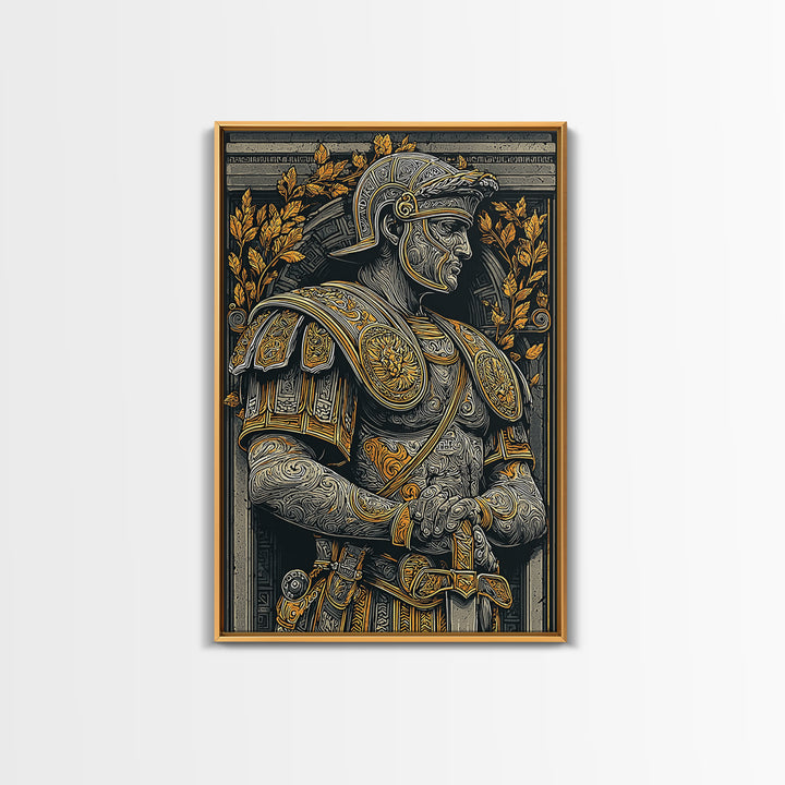 Classic Roman Bust In Armor, Canvas Gold Art, Ancient Warrior Wall Print, Mythology Home Decor, Real Wood Frame Artwork