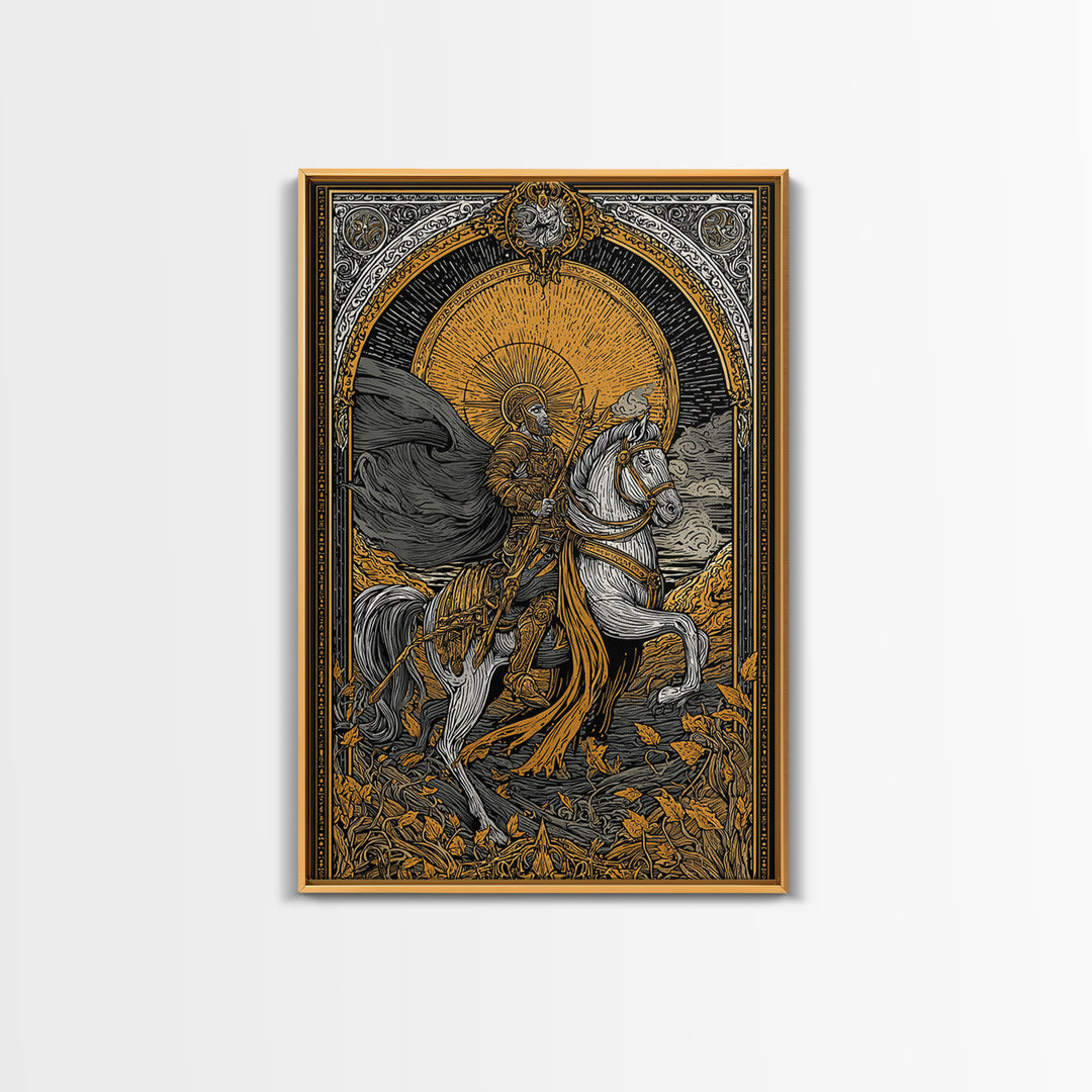 Knight On Horseback With Sun, Canvas Gold Canvas Print, Mythology Wall Art, Ancient Decor, Real Wood Frame Battle Artwork