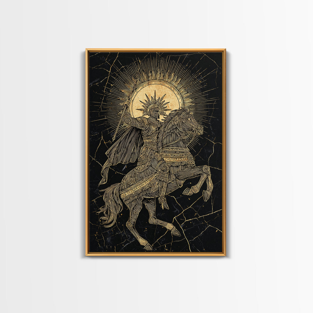 Heroic Warrior On Horseback, Canvas Gold Art, Ancient Soldier Wall Print, Mythology Decor, Real Wood Frame Epic Artwork