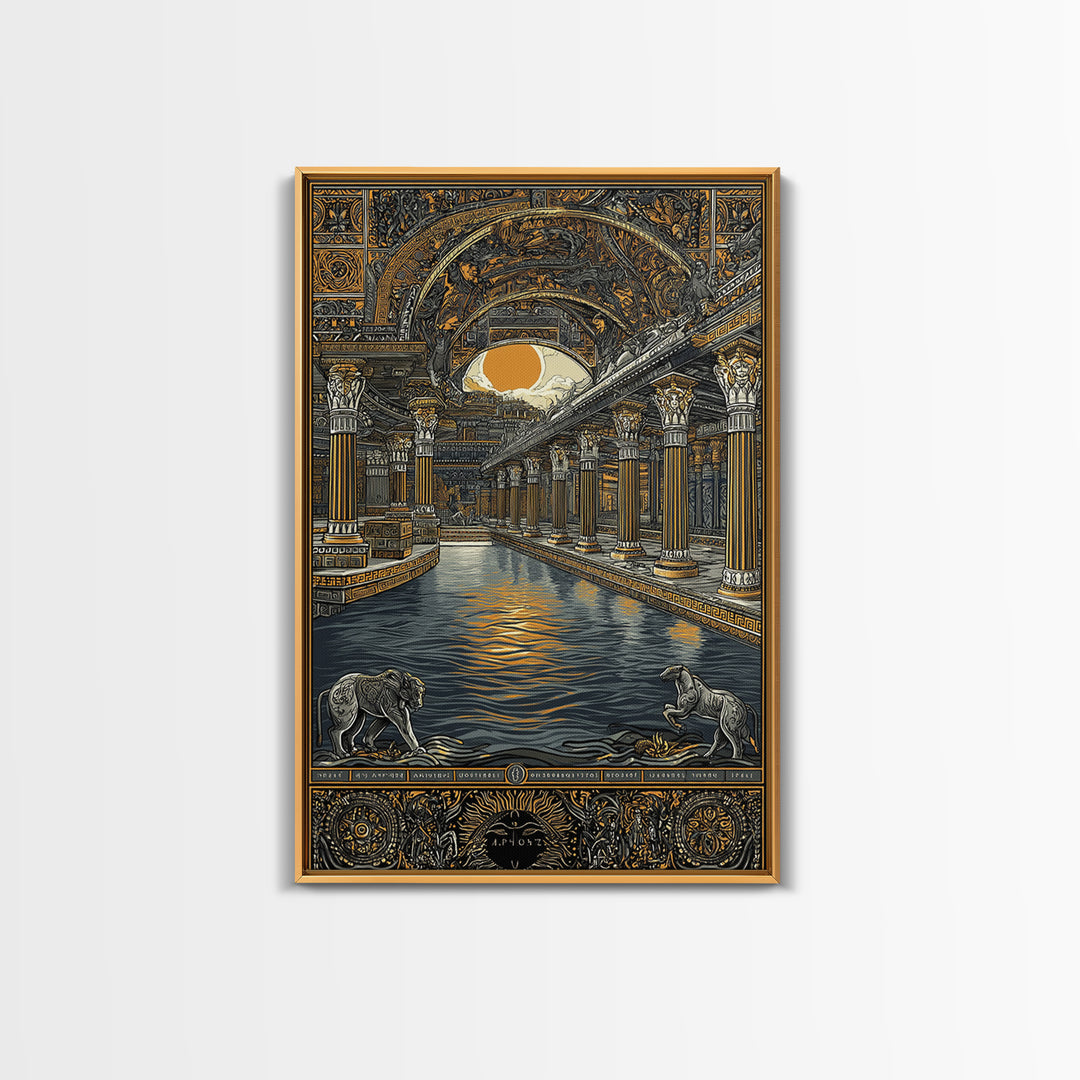 Ancient Temple Columns And Sun, Canvas Gold Canvas Print, Mythical Architecture Wall Art, Real Wood Framed Artwork